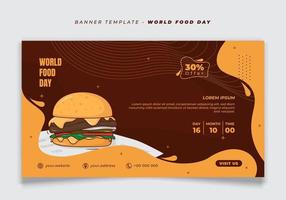 plantilla de banner en el fondo del paisaje con hamburguesa de dibujos animados para el diseño del día mundial de la alimentación vector