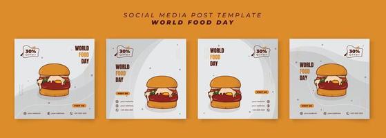 conjunto de plantillas de redes sociales en fondo abstracto blanco con diseño de dibujos animados de hamburguesas para el día de la comida vector