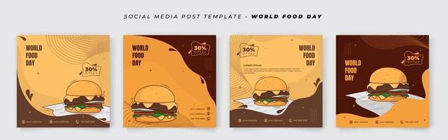 Set of social media template in yellow and brown background with burger design for world food day vector