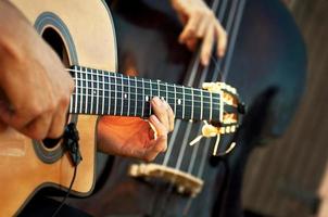 Acoustic guitar with double bass in acoustic group during a show photo