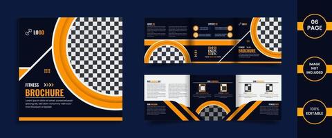 Gym 6 page square trifold brochure design template with yellow color abstract shapes and data. vector