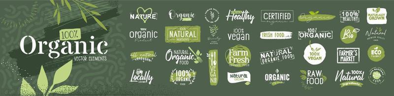 Organic food, farm fresh and natural product signs collection for food market, ecommerce, restaurant, healthy life. Vector illustration concepts for web design, packaging design, marketing.