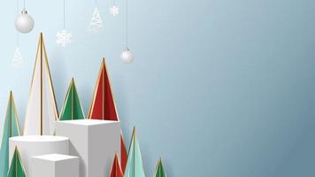 plantilla de navidad 3d realista. pedestal o podio de soporte para exhibición de productos. decoración navideña sobre fondo azul. vector