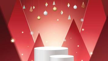 plantilla de navidad 3d realista. pedestal o podio de soporte para exhibición de productos. decoración navideña sobre fondo rojo. vector