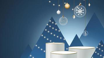 plantilla de navidad 3d realista. pedestal o podio de soporte para exhibición de productos. decoración navideña sobre fondo azul. vector