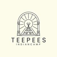 indian camp or teepees with badge and line art style logo icon template design.native, america,traditional,  vector illustration