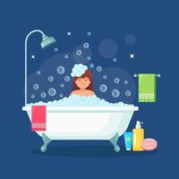 Woman taking bath in bathroom. Wash hair, body with shampoo, soap. Bathtub full of foam with bubbles. Vector design