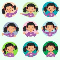 Little girl facial expressions emotions avatar set. Vector of various hands postures with different gestures such as okay, thumb up, pointing finger, waving, no idea sign