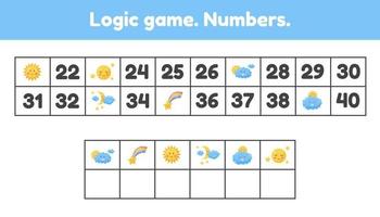 Logic game. What numbers are missing. Worksheet for kids kindergarten. preschool and school age. vector