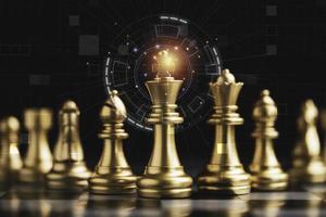 encuentro de ajedrez rey dorado con enemigo de ajedrez dorado sobre fondo oscuro y línea de conexión para idea de estrategia y concepto futurista