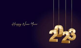 Happy New Year 2023. Hanging golden 3D numbers with ribbons and confetti on a defocused colorful, bokeh background. vector