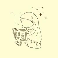 vector art or icon element Muslim woman reading the quran in a simple boho style