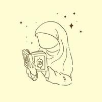 vector art or icon element Muslim woman reading the quran in a simple boho style