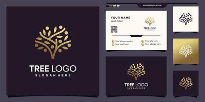 Tree logo with golden gradient style color and business card design Premium Vector