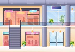 ilustración de fondo moderna del centro comercial con interiores, escaleras mecánicas y varias tiendas minoristas en un diseño de estilo plano
