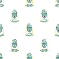 Vector seamless pattern with cute cartoon microphone with funny face. Modern device for podcast, broadcast, audio record.  Background for podcast channel. Flat vector illustration.