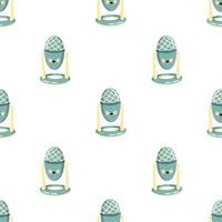 Vector seamless pattern with cute cartoon microphone with funny face. Modern device for podcast, broadcast, audio record.  Background for podcast channel. Flat vector illustration.