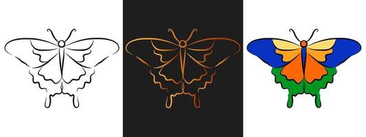 Butterfly animal outline logo design element. Black and gold outline contour, line art style isolated icon set. Beautiful tattoo template. Cartoon insect drawing. vector