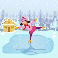 linda niñita con ropa cálida de invierno patinando sobre hielo al aire libre en una piscina congelada en el fondo del paisaje nevado vector