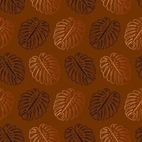 Monstera gold leaf seamless pattern. Vector botanical wallpaper template. Graphic elegant textile print. Outline sketch drawing.