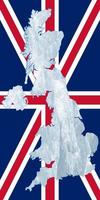 Outline map of Great Britain with the image of the national flag. Ice inside the map. Vector illustration. Energy crisis.