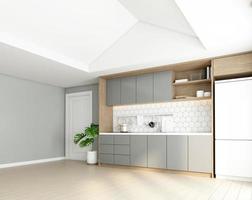 Minimalist style kitchen with built-in counter and gray cabinet. 3D rendering photo