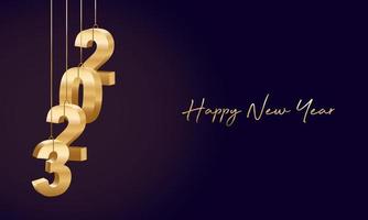 Happy New Year 2023. Hanging golden 3D numbers with ribbons, Modern Happy New Year Background vector