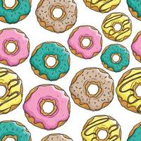 delicioso donut en patrones sin fisuras con topping colorido vector