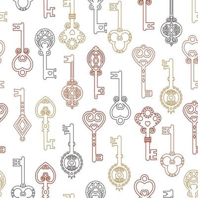 Pattern Set of vintage keys, color vector illustration flat