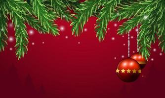 Red Christmas background with pine leaves, dwarfs, bells and stars on a red scene. vector