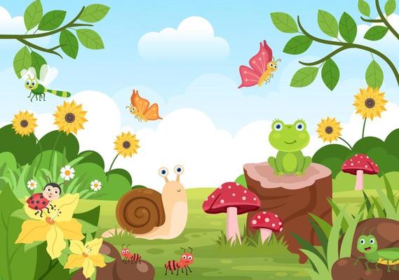 Beautiful Garden Cartoon Background Illustration With Scenery Nature of Plants, Various Animals, Flowers, Tree and Green Grass in Flat Design Style
