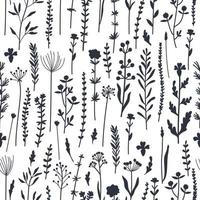 Seamless pattern of botanical elements silhouettes. Wild plants