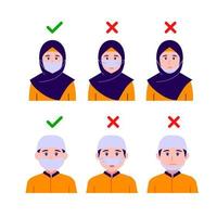 How to wear a mask correctly. Instructions with a muslim and instructions on the wrong and right way to wear a face mask, front view. vector illustration.