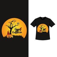 diseño de camisetas de halloween con color vintage y árbol muerto. diseño de silueta de elemento embrujado con linterna de calabaza y caligrafía. diseño de camiseta de miedo para el evento de halloween. vector