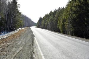bosque de primavera y carretera de nieve y asfalto foto