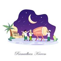 Ramadhan Kareem concept illustration. Happy Muslim people celebrate Holy Month Ramadhan, Eid Mubarak greeting. Flat vector template Style for Web Landing Page, Background.