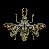 A golden beetle in a linear style. Linear vector illustration