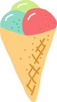 helado en un cono de galleta. garabato dibujado a mano. , dibujos animados. icono, tarjeta, afiche, pegatina. comida dulce refrescante brillante verano vector