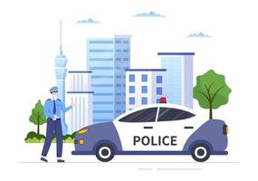 edificio del departamento de la estación de policía ilustración vectorial con policía y coche sobre fondo plano de estilo de dibujos animados vector