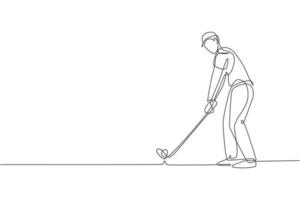 Single continuous line drawing of young happy golf player swing the golf club to hit the ball. Hobby sport concept. Trendy one line draw design vector illustration for golf tournament promotion media