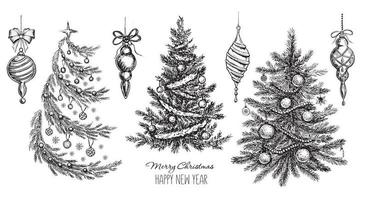 Christmas tree, toys, hand drawn style, vector illustration