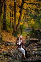 joven pareja hermosa abrazos en el parque de otoño. foto