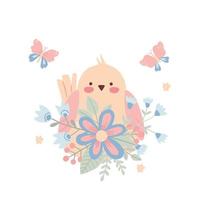 Cute pink birdie in flowers. Childish little bird for design and kids print. vector
