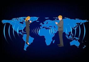 Business woman and man standing and using smartphone for connection by technology, concept Anytime Anywhere connection to Global network vector illustration