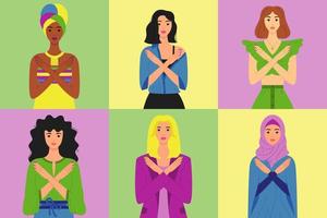 Break the bias. Women of different ethnic group crossed their arms. March 8th. Gesture of refusal and prohibition. Campaign against stereotypes, violence, inequality, discrimination. Vector