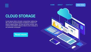 tecnología de almacenamiento en la nube. copias de seguridad. computadora portátil isométrica, computadora con teléfono. servicio de hospedaje diseño vectorial vector