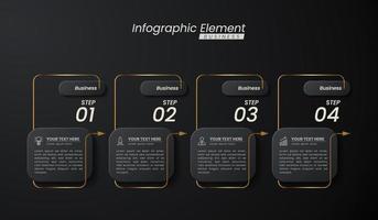 plantilla de vector 3d de infografía elegante de oro oscuro con pasos para el éxito. presentación con iconos de elementos de línea. el diseño de concepto de negocio se puede utilizar para diseño web, folleto, diagrama, gráfico o banner