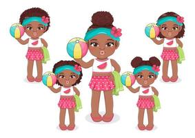 Beach black girl in summer holiday. American African kids holding colorful ball cartoon character design vector