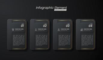 plantilla de vector 3d de infografía elegante de oro oscuro con pasos para el éxito. presentación con iconos de elementos de línea. el diseño de concepto de negocio se puede utilizar para diseño web, folleto, diagrama, gráfico o banner