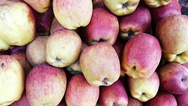 Fresh picked red honey crispy apples background in the harvest season placed in a market or bazaar for sale photo